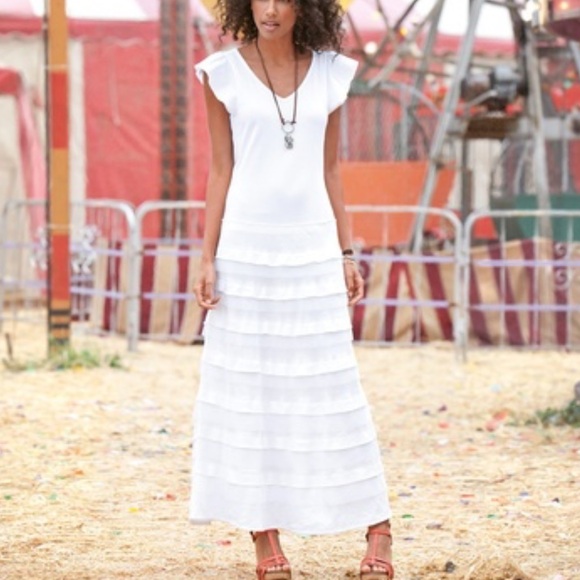 Sundance Boho Linen Tiered Maxi Flutter Sleeve Dress - Picture 1 of 10